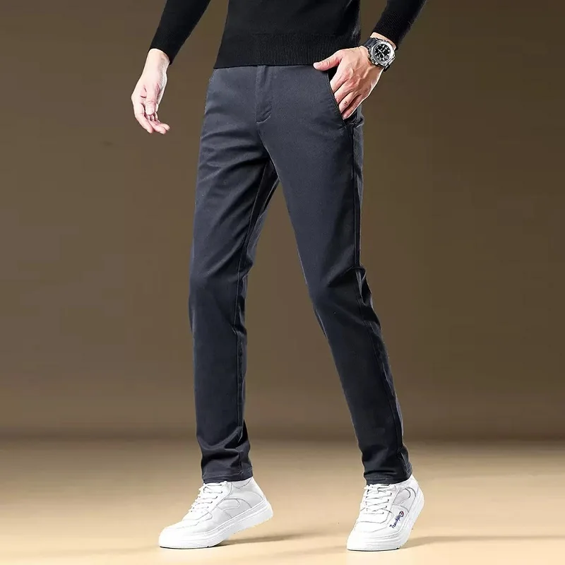 Autumn Casual Pants Men Dark Gray Regular Straight Trousers Mens Business Suit Pants CP2077