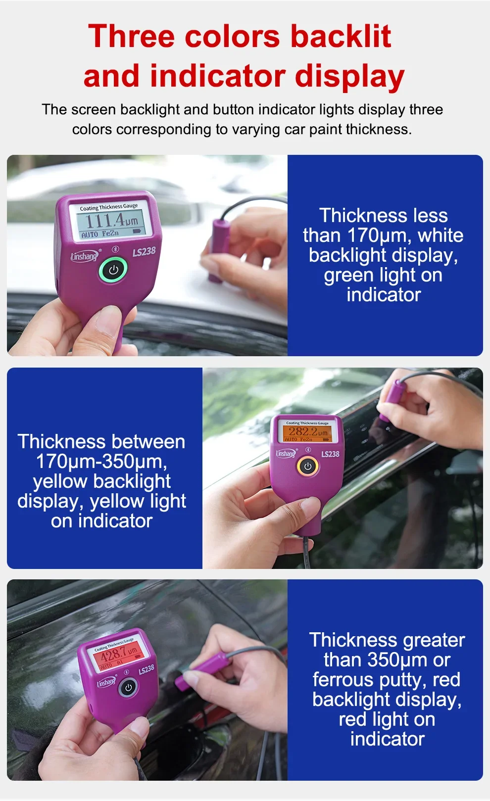 LS238 Digital Paint Thickness Gauge 0.0-3500μm Fe/Al Car Paint Coating Thickness