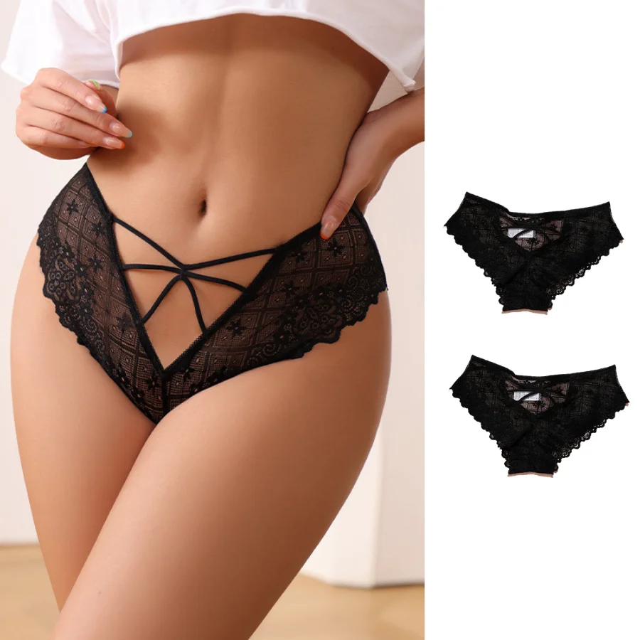 

2pc Sexy Lace Panties Women's Cross Thin Strap Women's Pure Cotton Crotch Quick Dry Breathable Briefs Tenu Lingerie Erotiic