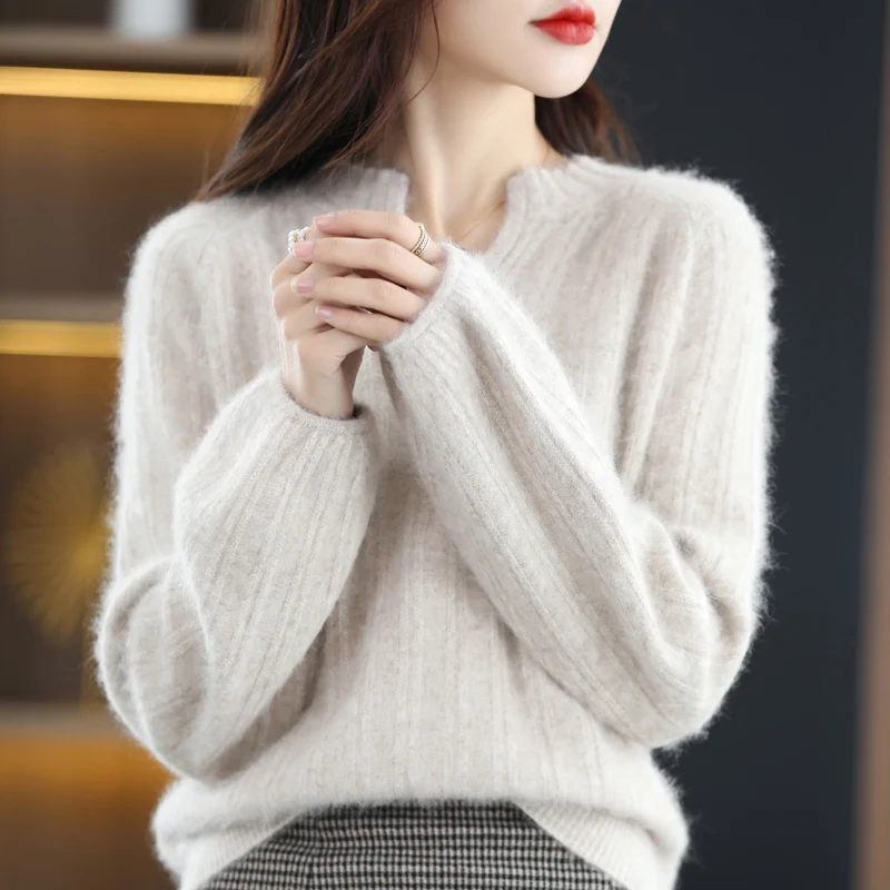 

Bubble Sleeve V-Neck Mink Cashmere Sweater Women Loose Solid Color Sweater Pullover Autumn And Winter Knit Bottoming Shirt
