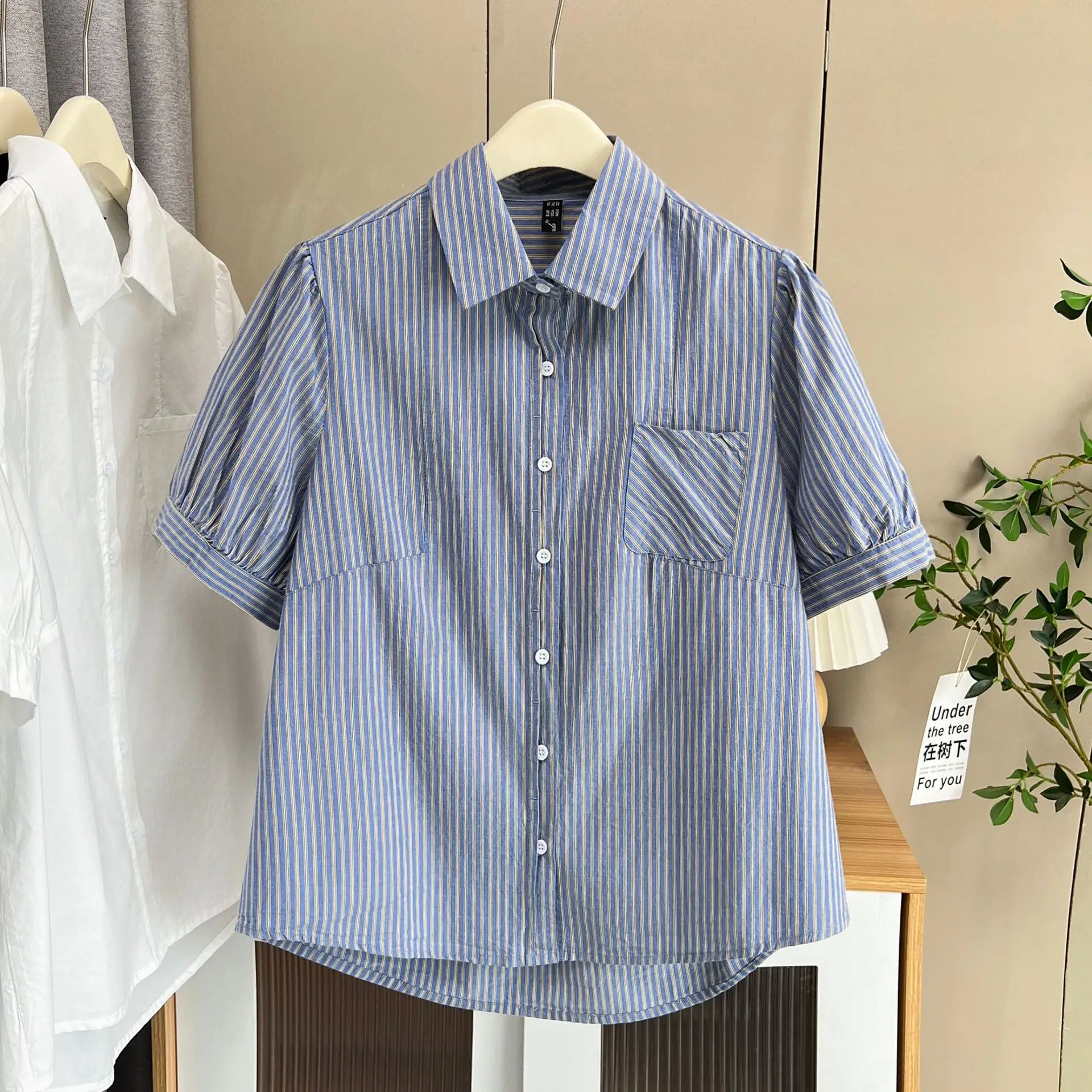 Summer New Plus Size Blouses Women's Wear 100KG Casual Single Pocket Puff Sleeve Washed Cotton Shirt 2517