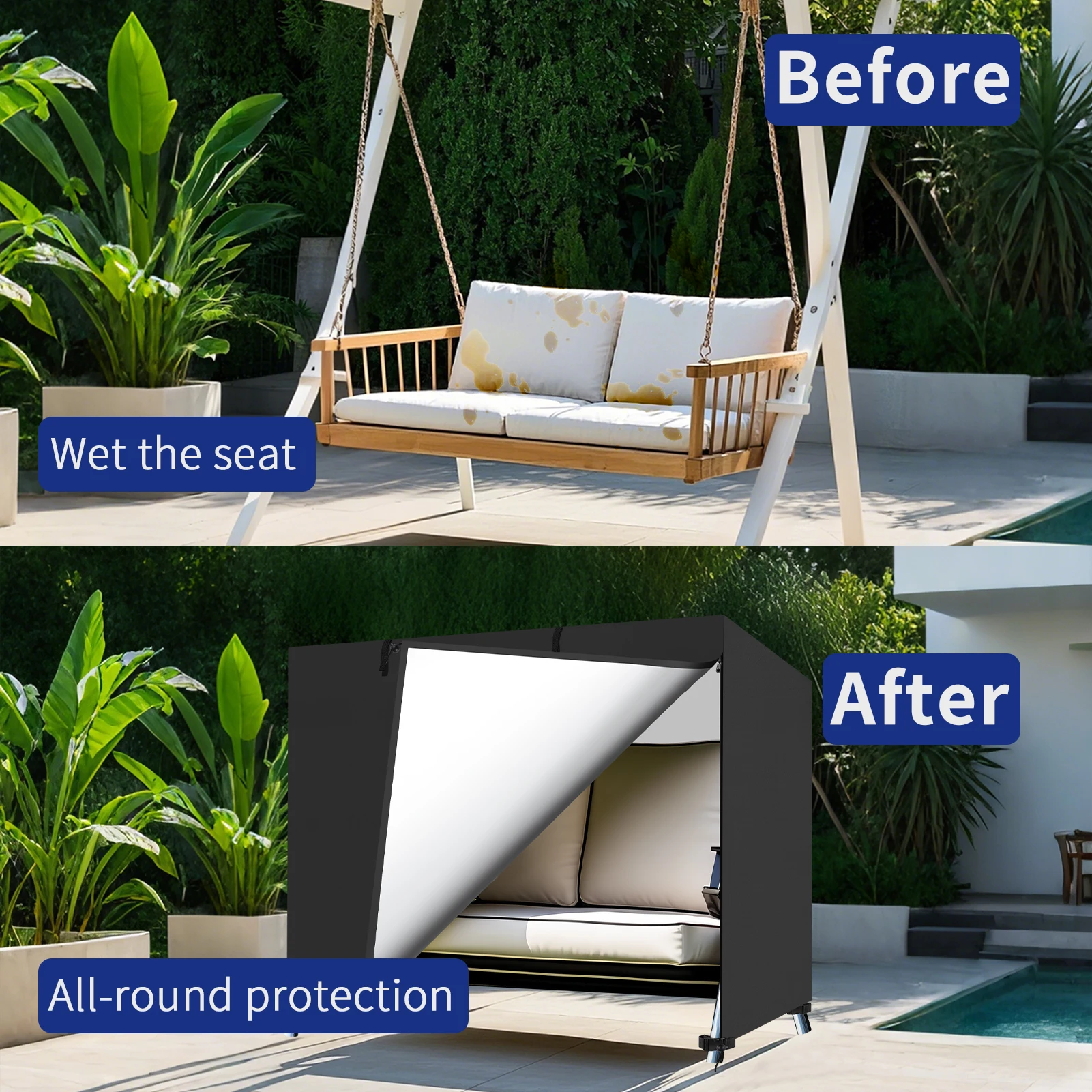 Garden Swing Cover 3-Seater Waterproof Hammock Cover w/ Zipper Anti-UV 210D Oxford Outdoor Swing Chair Patio Chair Covers