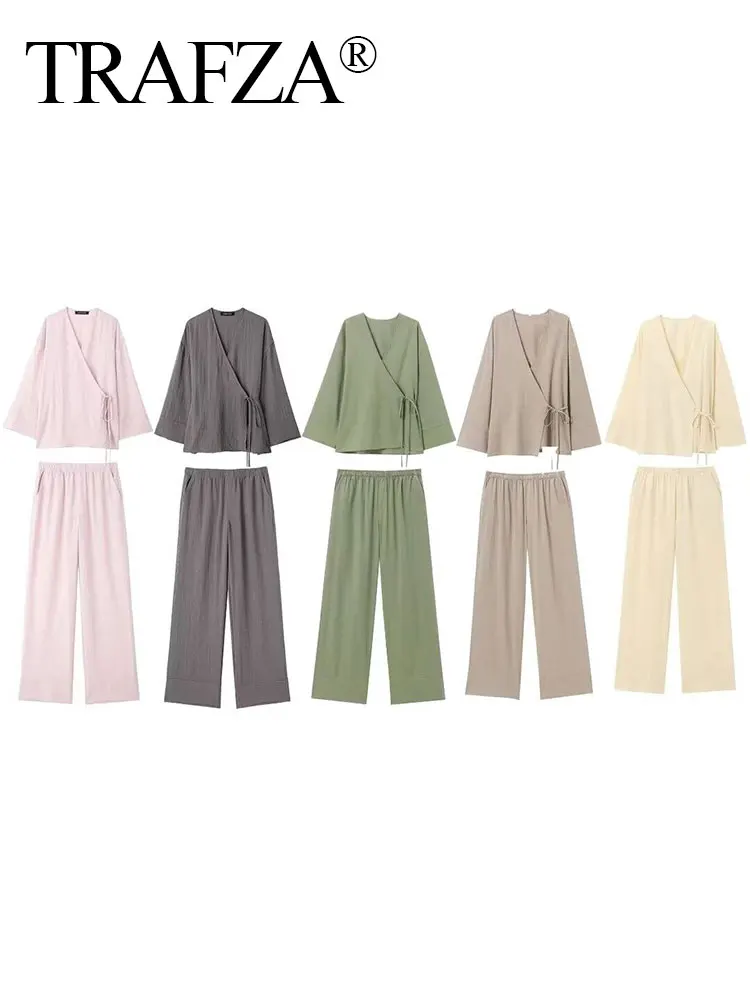 TRAFZA Woman Solid Trousers Set Long Sleeves Casual Lace-Up Shirt Top + Pajama Style Elastic Waist Women's Wide Leg Long Pant