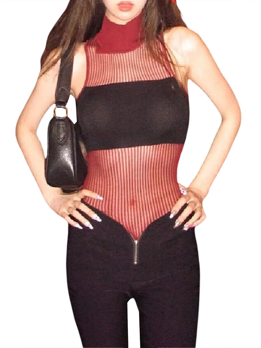 

Women s Summer Fitted Tank Tops Sleeveless High Neck Contrast Color Knit Tops Going Out Tops