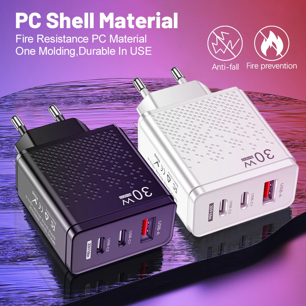 Multi Ports Phone Wall Charger 1 USB+2 PD TypeC 30W Phone Charger Adapter Travel Office Home US