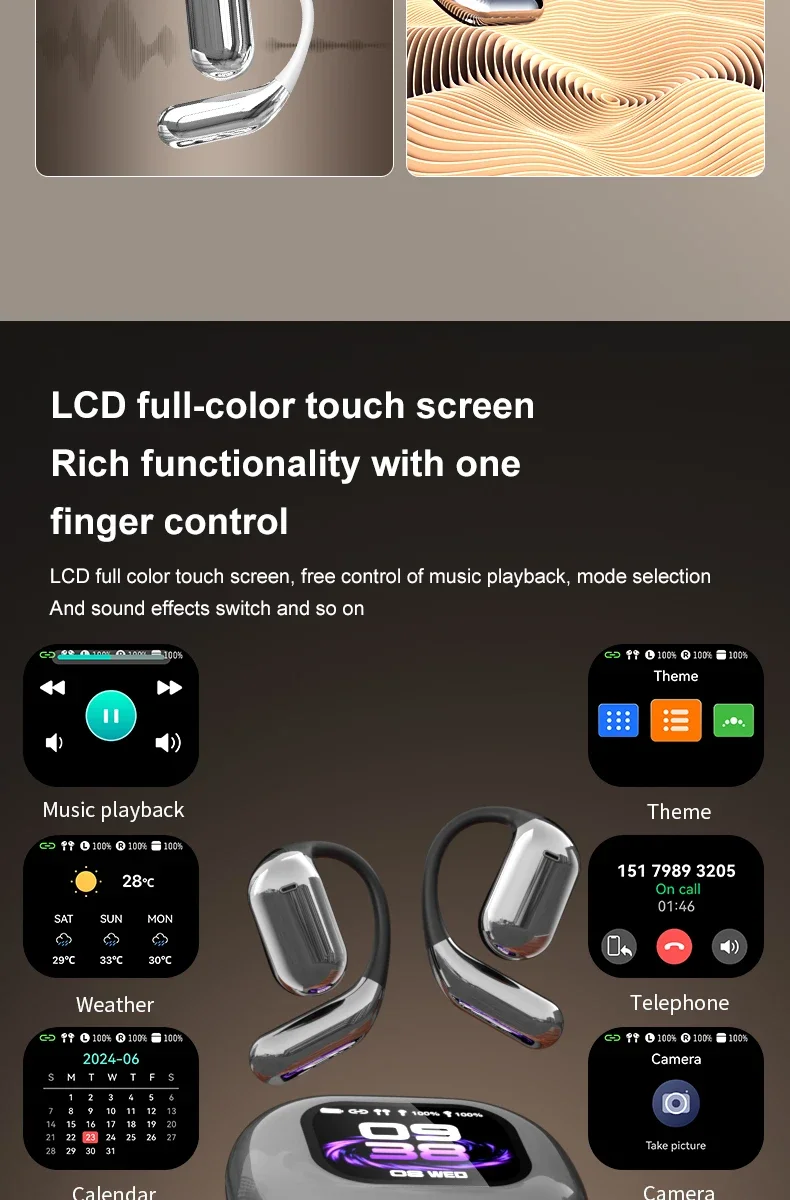 Description Picture 5 of itemBluetooth Wireless Headphones with LCD Touchscreen, AI Translation, ENC Noise Cancelling, Sports Earphones