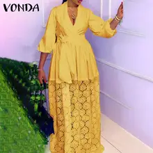 

VONDA Oversize Bohemian 2022 Spring Women Dress 3/4 Sleeve Maxi Beach Sundress Lace Patchwork Robe Bow Waist Loose Party Vestido