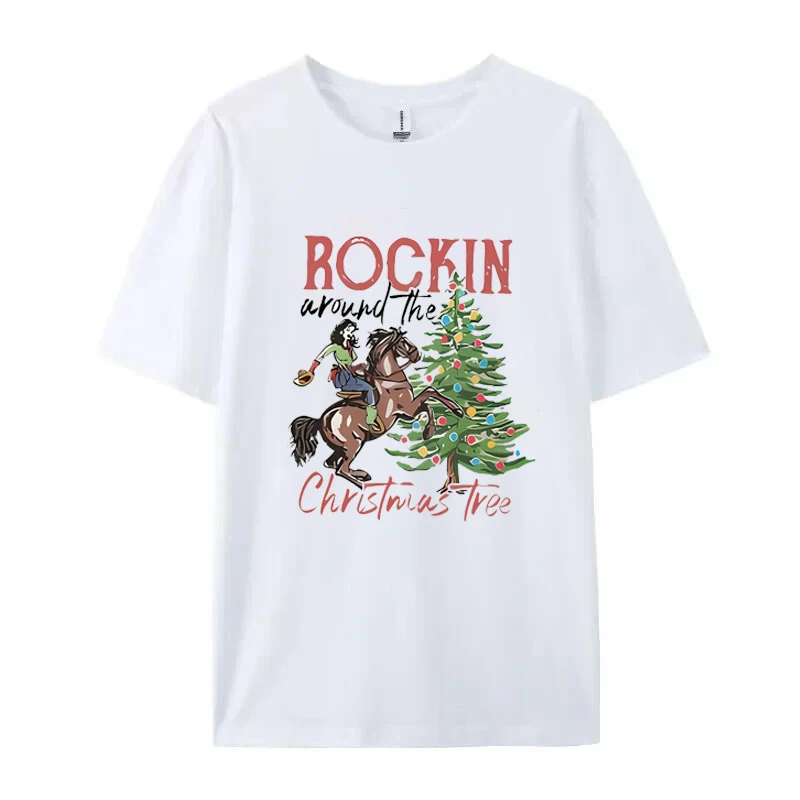 Weihnachts-Rockin' Around the Christmas Tree Grafik-T-Shirt für Damen, lässiges Rundhals-Kurzarm-T-Shirt, festliches Urlaubs-Top – Detail 4