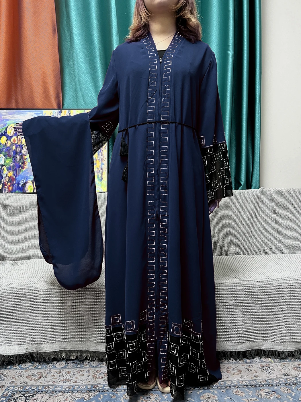 Muslim Open Abayas For Women Chiffon Pure Chains Diamonds Loose Fit Femme Robe Islamic Turkey Dress Moroccan Caftan With Turban
