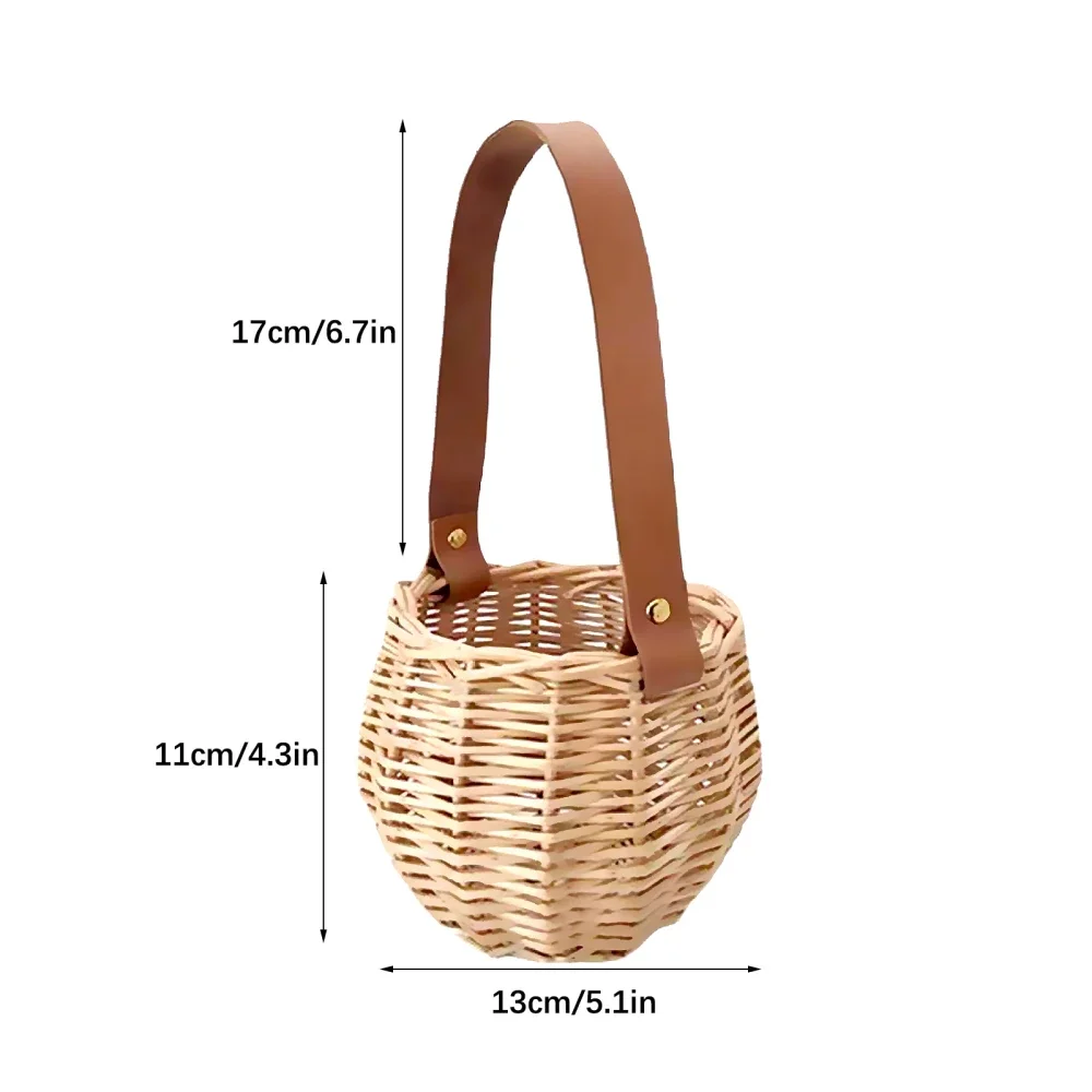 Rattan Woven Storage Basket Picnic Hanging Baskets With Leather Handle Garden Potted Plant Pot Creative Flower Vase Photo Props 6