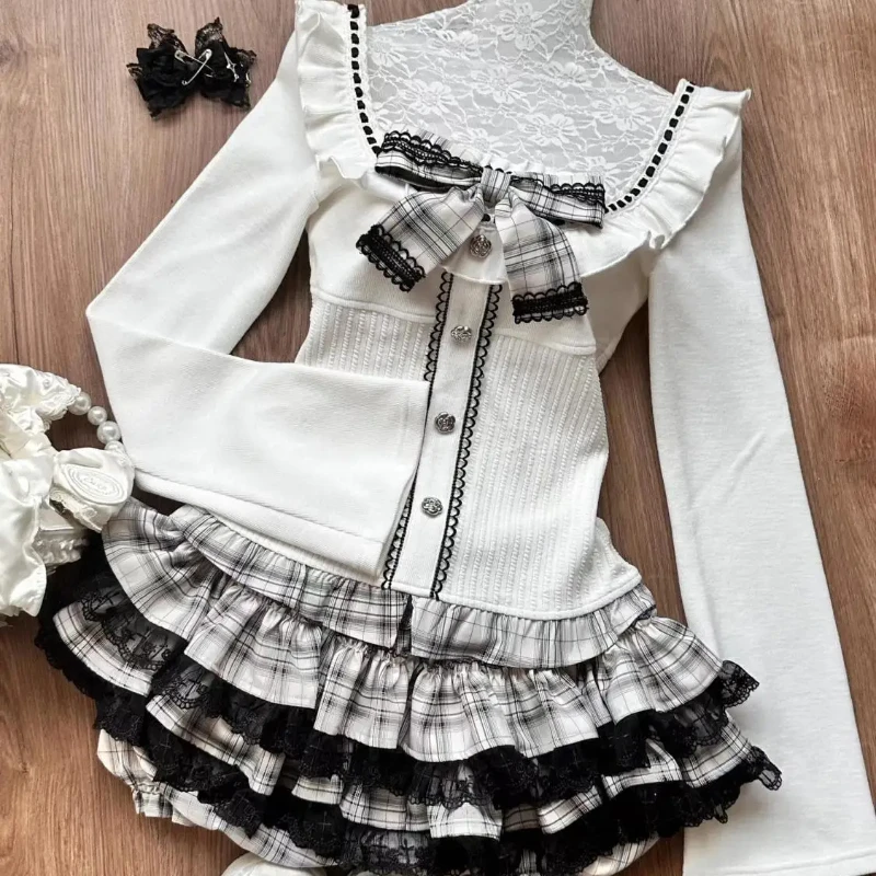 Elegant Vintage Suits Women Sweeet Bow Slim Knitted Cardigan Coats + Lace Mini Skirts Japanese Kawaii 2 Piece Sets Y2k Clothing 6