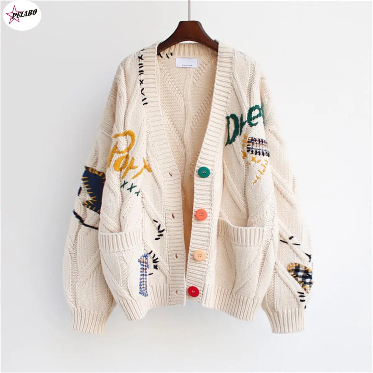 

PULABO y2k Autumn Winter Women Cardigan Warm Knitted Sweater Jacket Pocket Embroidery Knit Cardigans Coat Lady Loose Sweaters