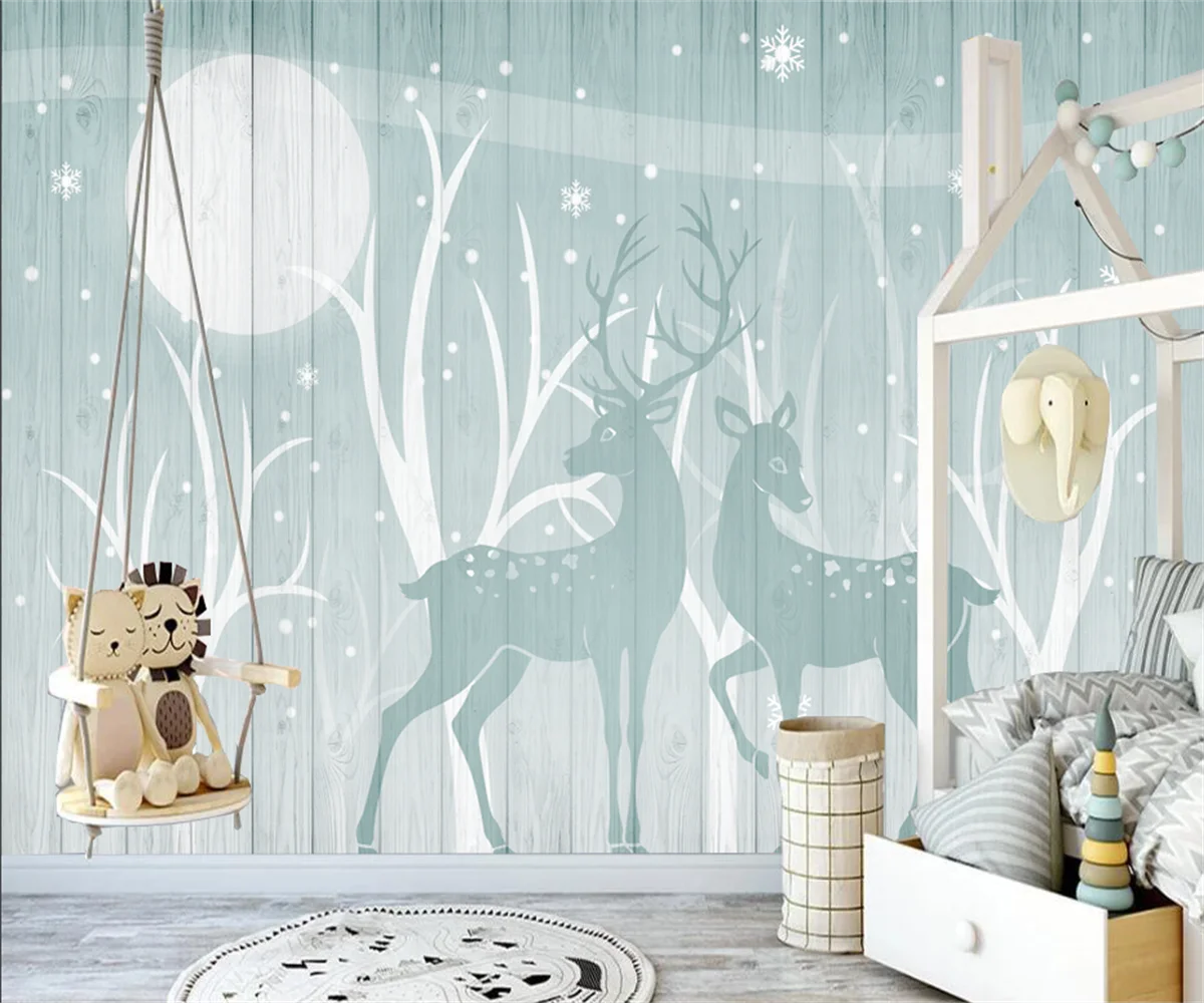 Decoração da Parede do Fundo do Quarto Infantil Mural Personalizado dos Desenhos Animados Papel de Parede do Alce Floresta do Inverno