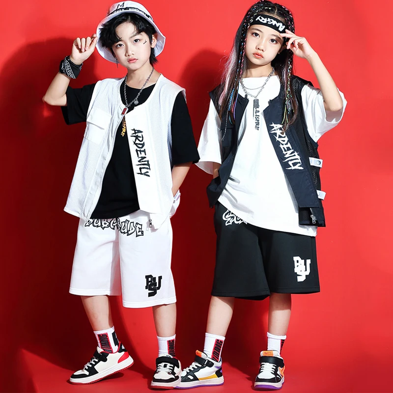 

Summer White Black Hiphop Vest Shorts Street Dancewear Boys Girls Jazz Dance Costumes Clothes Kids Modern Dance Outfit SL7012