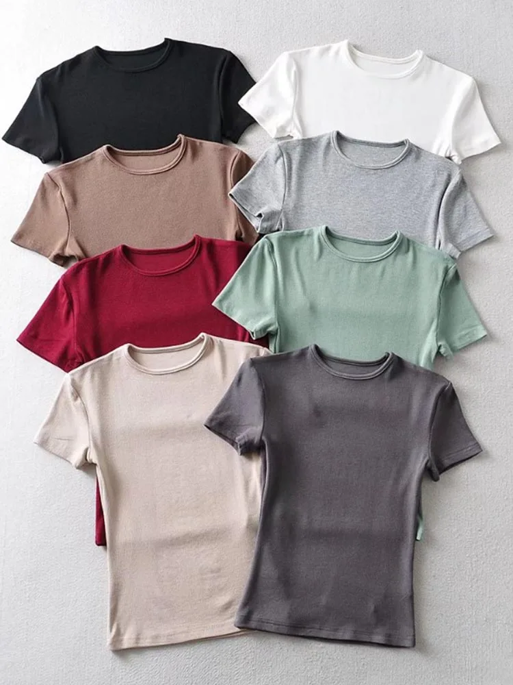 Casual Summer Woman Skinny Fit T-shirt Tight Short-Sleeve O-neck Tee Basic Solid Crop Tops T Shirt 1