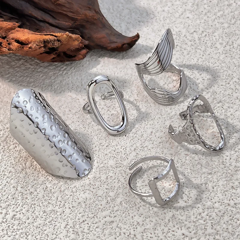 Punk Silver Color Irregular Geometric Ripple Twisted Rings Hollow Out Square Oversize Wide Ring Everyday Accessories Jewelry New