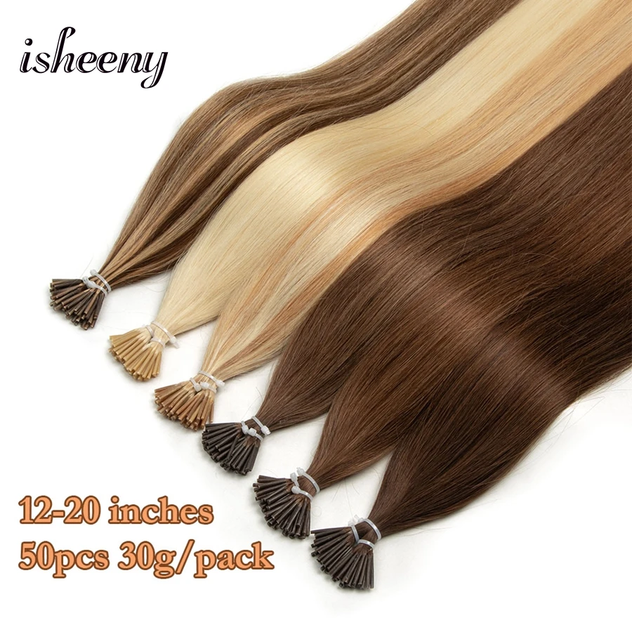 isheeny 12-20 inches Micro Ring I Tip Hair Extensions Real Natural Straight Hman Hair Pre Bonded Stick Tip 50pcs/pack