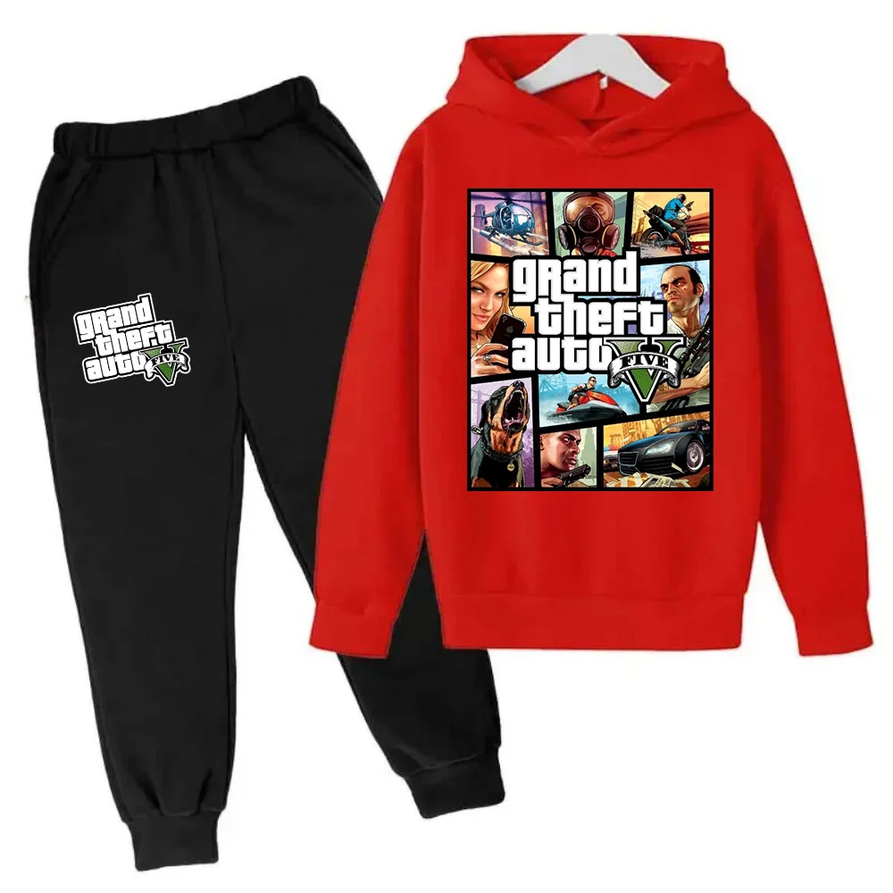 thumbnail image 1 of Sudadera con capucha y pantalones para niños de Grand Theft Auto V GTA 5, conjunto de 2 piezas, ropa de dibujos animados para niños pequeños, trajes para niños y niñas, 1 of 5