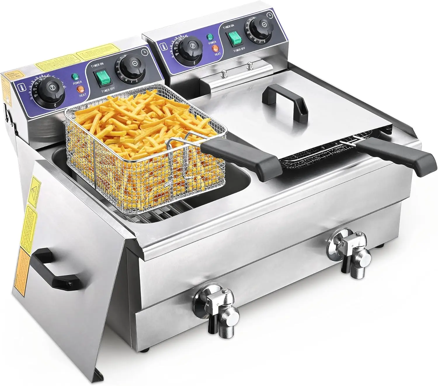 WeChef Commercial Electric Deep Fryer 23.4L 3000W Fryer w/Time Control and Oil Filtration Dual Removable Basket Stainless Steel