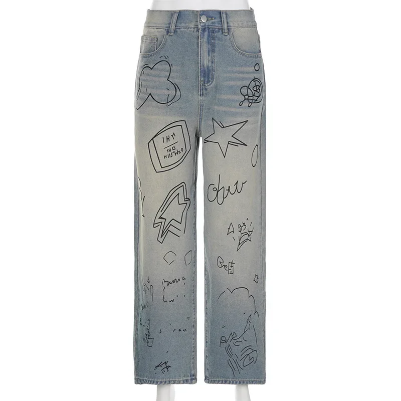 

Trendy Simple High-Waisted Loose Girls Graffiti Print Jeans for Autumn, Slimming and Relaxed Straight-Leg Women's Denim Pants