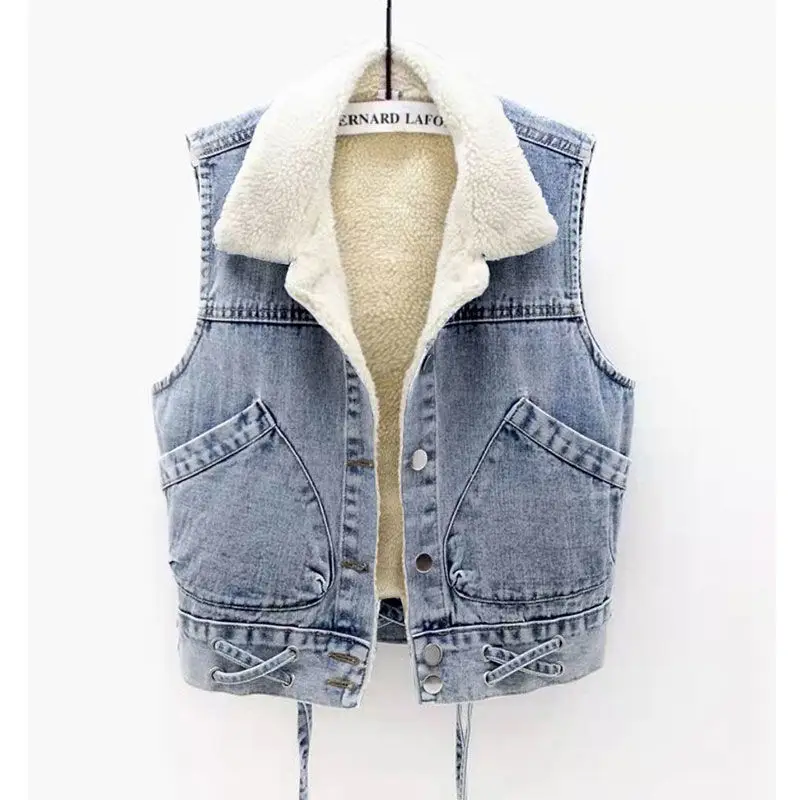 

Autumn Winter Lamb Wool Thickened Denim Vest for Women's Jacket Slim Fit Skinny BF Style Cotton Vest Tank Top And Shoulder Coat