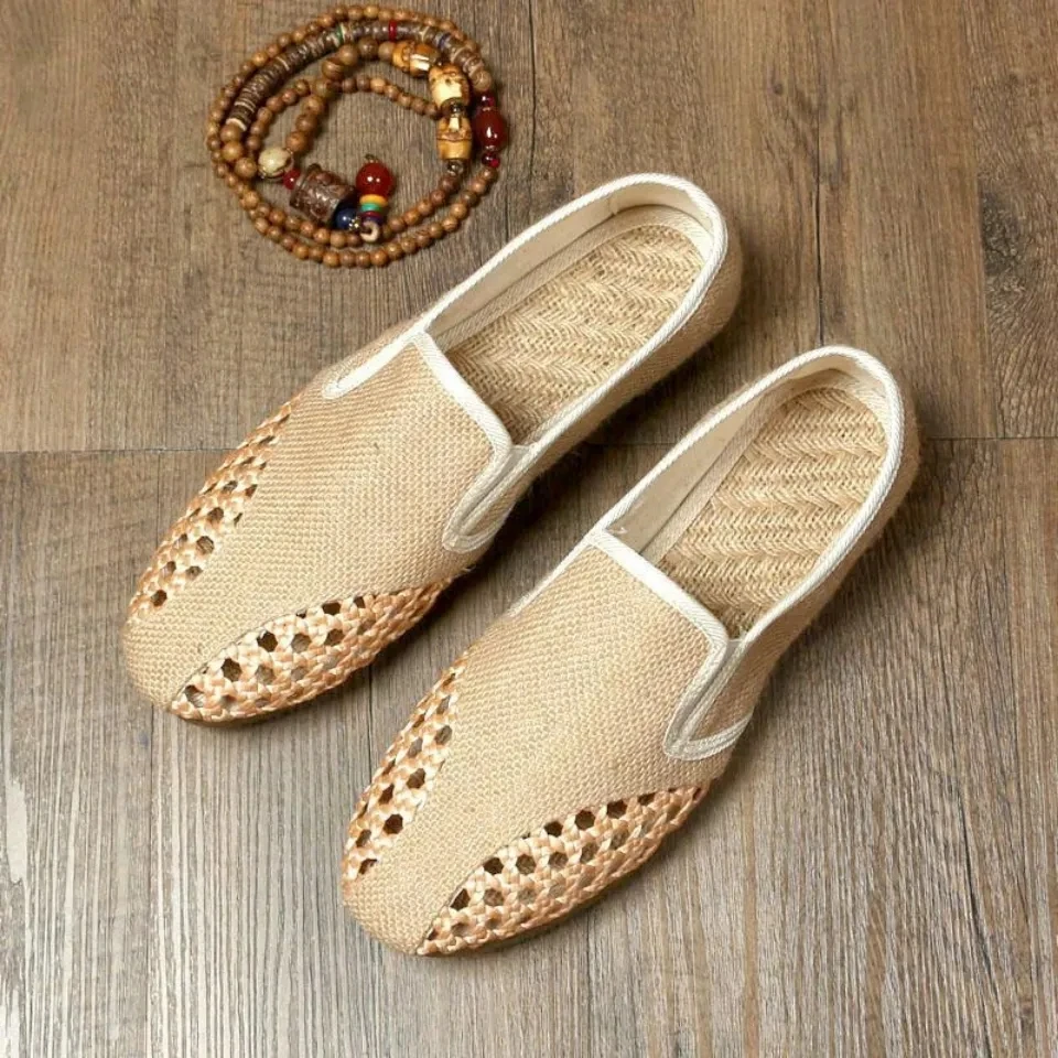 Chinese Style Hollow Summer Breathable Sweat-Absorbing Beef tendon Bottom Soft Bottom Linen Canvas M,en's Slip-On Men's Shoes 3