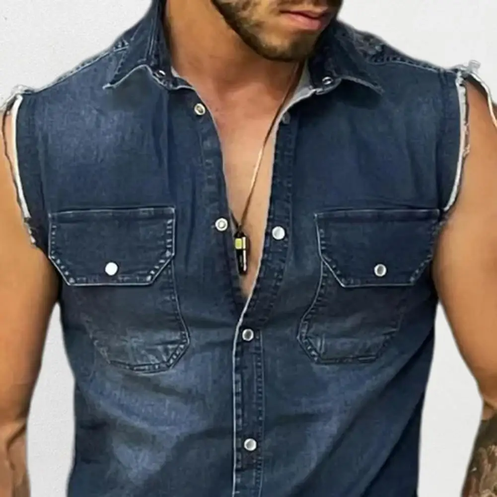Trendy Vest Coat Sleeveless 3D Cutting Slim Fit Denim Vest Jacket  Shrink Resistant Denim Jacket Daily Clothing