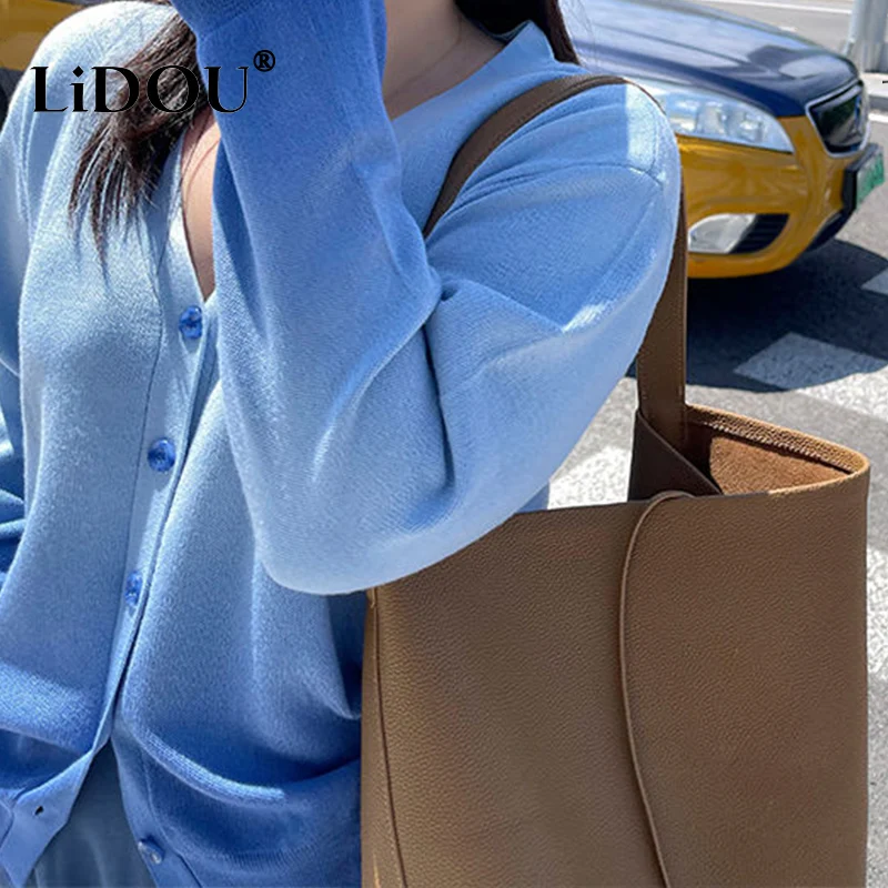 Autumn Winter New Fashion Versatile Gradient Plus Size Lady Sweaters Korean Trend Simple Knitwear Button Chic V-neck Top Woman