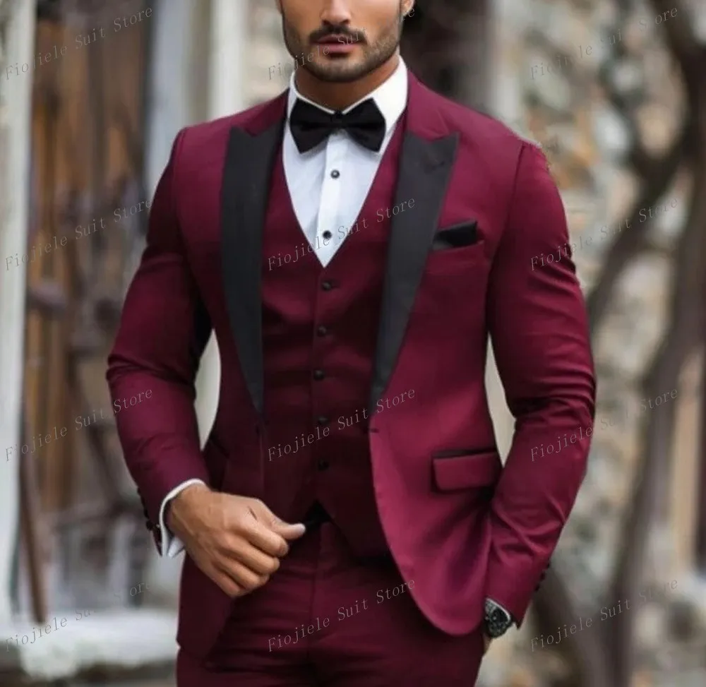 New Black Lapel Dark Orange Business Suit Groom Groomsman Prom Wedding Party Formal Men Tuxedos 3 Piece Set Blazer Vest Pants
