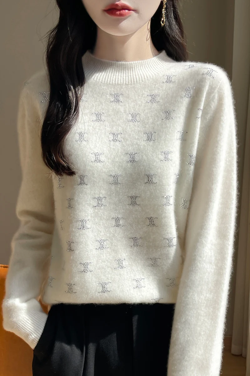 Fall/Winter new 100% Merino wool cashmere sweater Women's half turtleneck pullover double C warm bottom knit shirt top 5