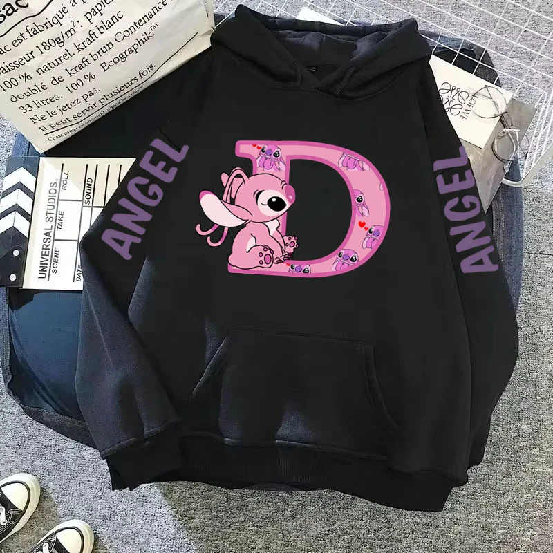 2024 Women's Winter Jacket Cute Kawaii Disney Lilo & Stitch Lucky Letter Print Black Hoodie Fashion Couple Streetwear Sportswear 4