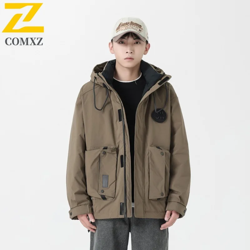COMXZ Trench Coat Waterproof Solid Color Hooded Outdoor Hiking Windbreaker Jacket 2025 Travel Comfortable Versatile Men's Coat