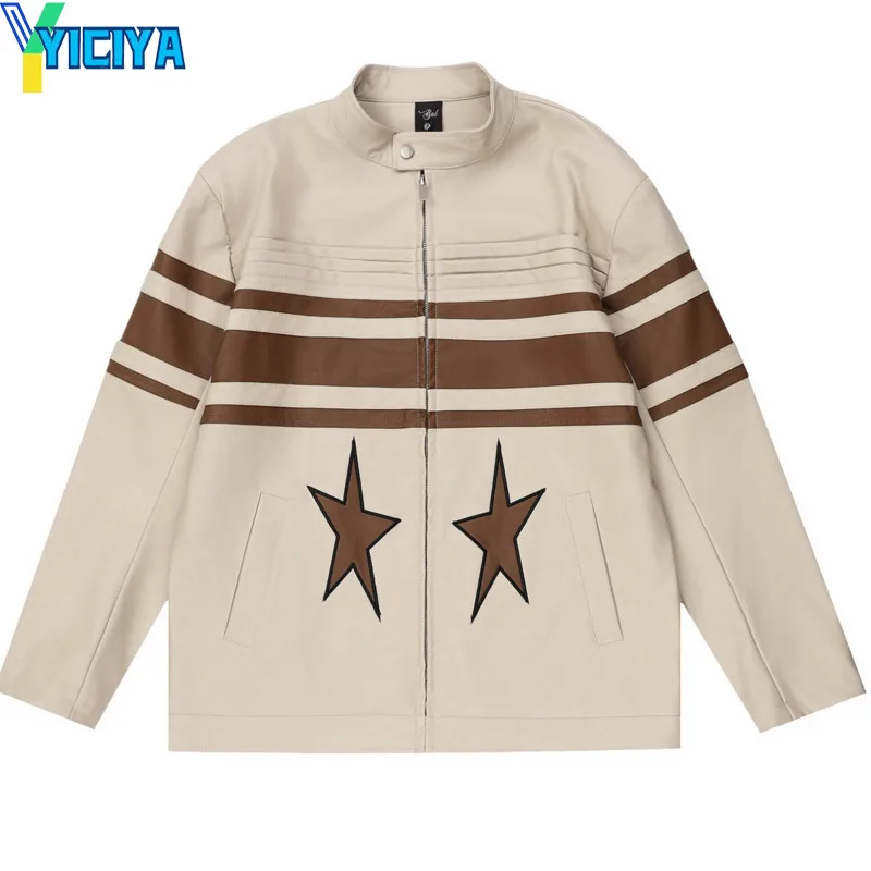 

YICIYA leather Jacket Star embroidery unisex coats khaki bomber Korean fashion winter Motorcycle Jacket Outerwear new outfits