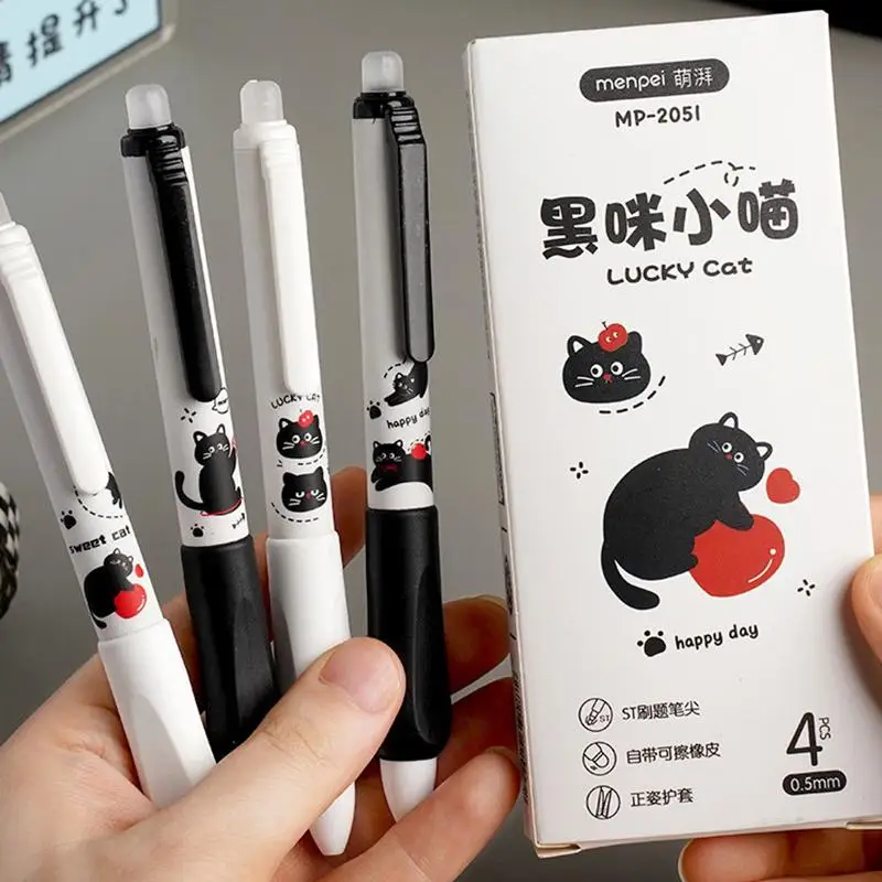 4Pcs 0.5mm 지울 수 있는 푸시 버튼 펜 초등학생을 위한 검은 고양이 디자인 부드러운 쓰기 문구류