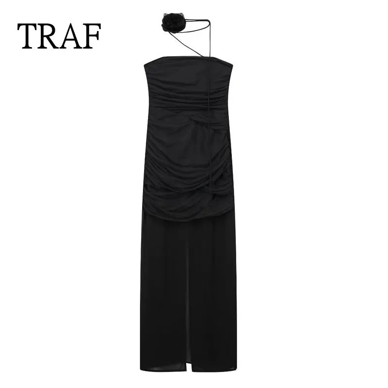 

TRAF Black Long Dresses For Women 2023 Sexy Flower Mesh Dress Woman Clothing Ruched Dress Summer Elegant Tight Party Dresses
