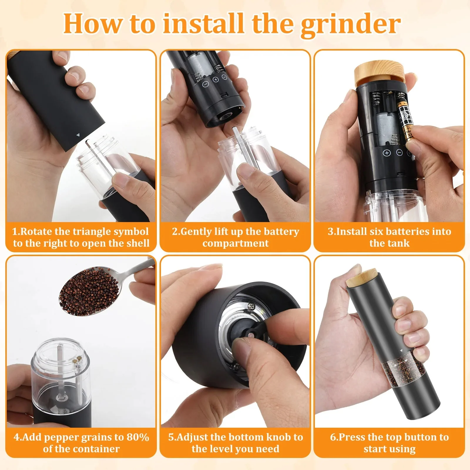 Electric Salt Pepper Grinder with Wood Lid Ceramic Burr Mill Adjustable Kitchen Grinding Gadgets for Herb/Pepper/Spice Black