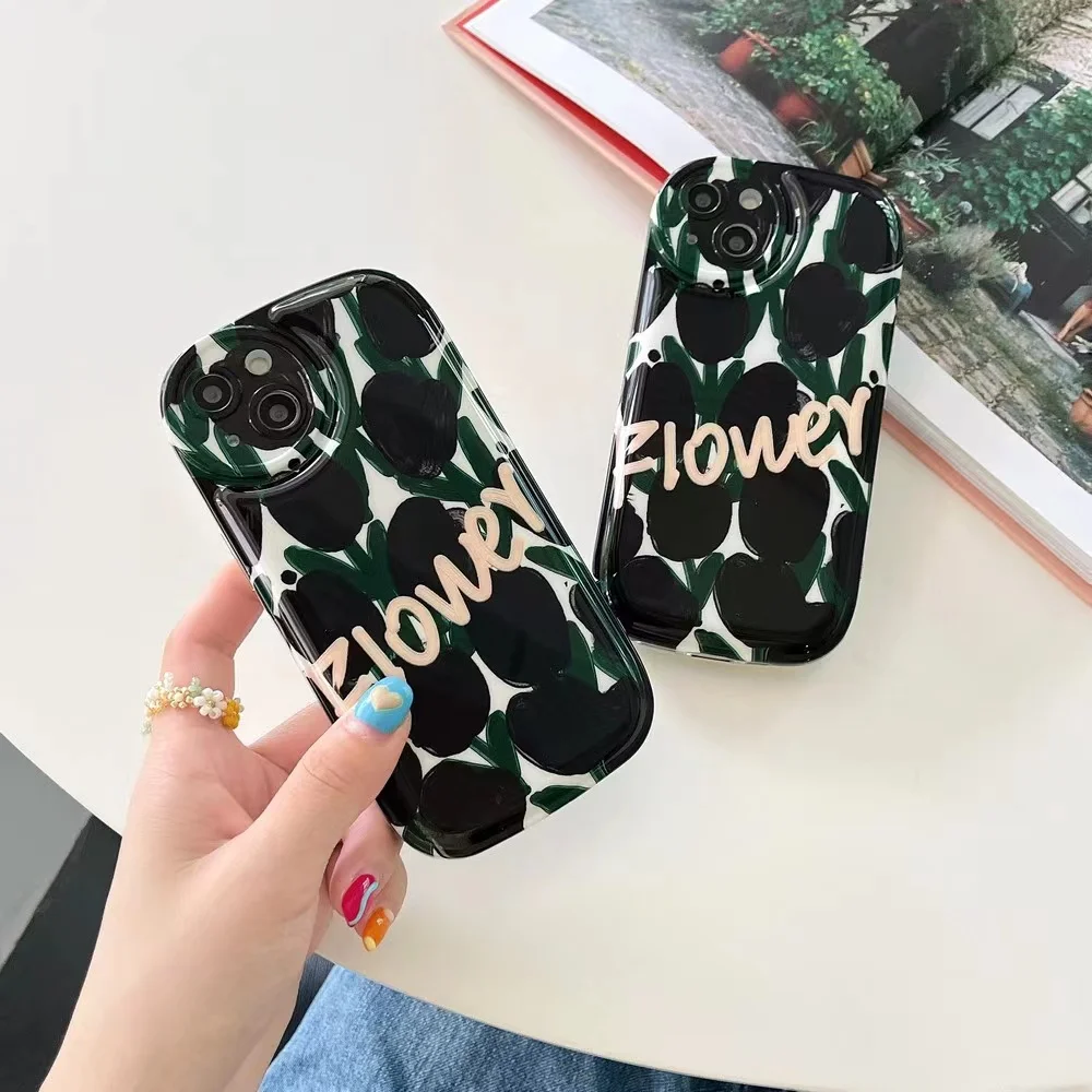 Cartoon Imd Air Cushion Black Full Screen Tulip Soft Per Iphone 7/8 Iphone 7P/8P X/Xr/Xs/Xs Max 11/12/13Promax Phone Shell