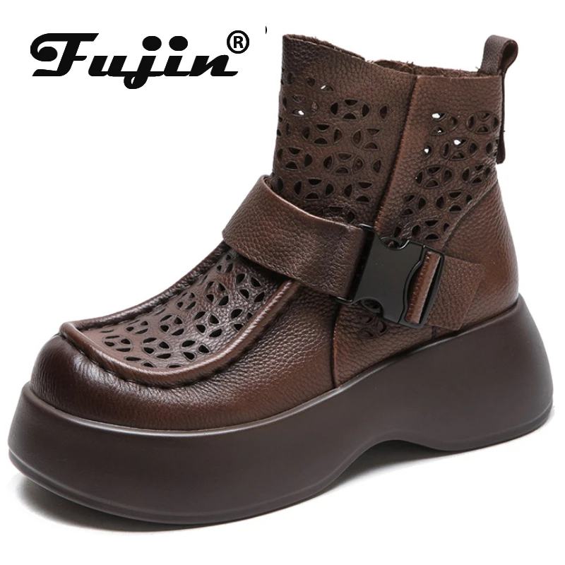 

Женские босоножки до середины икры Fujin, черные босоножки из натуральной кожи до середины икры, мотоциклетные полусапожки, лето 2019