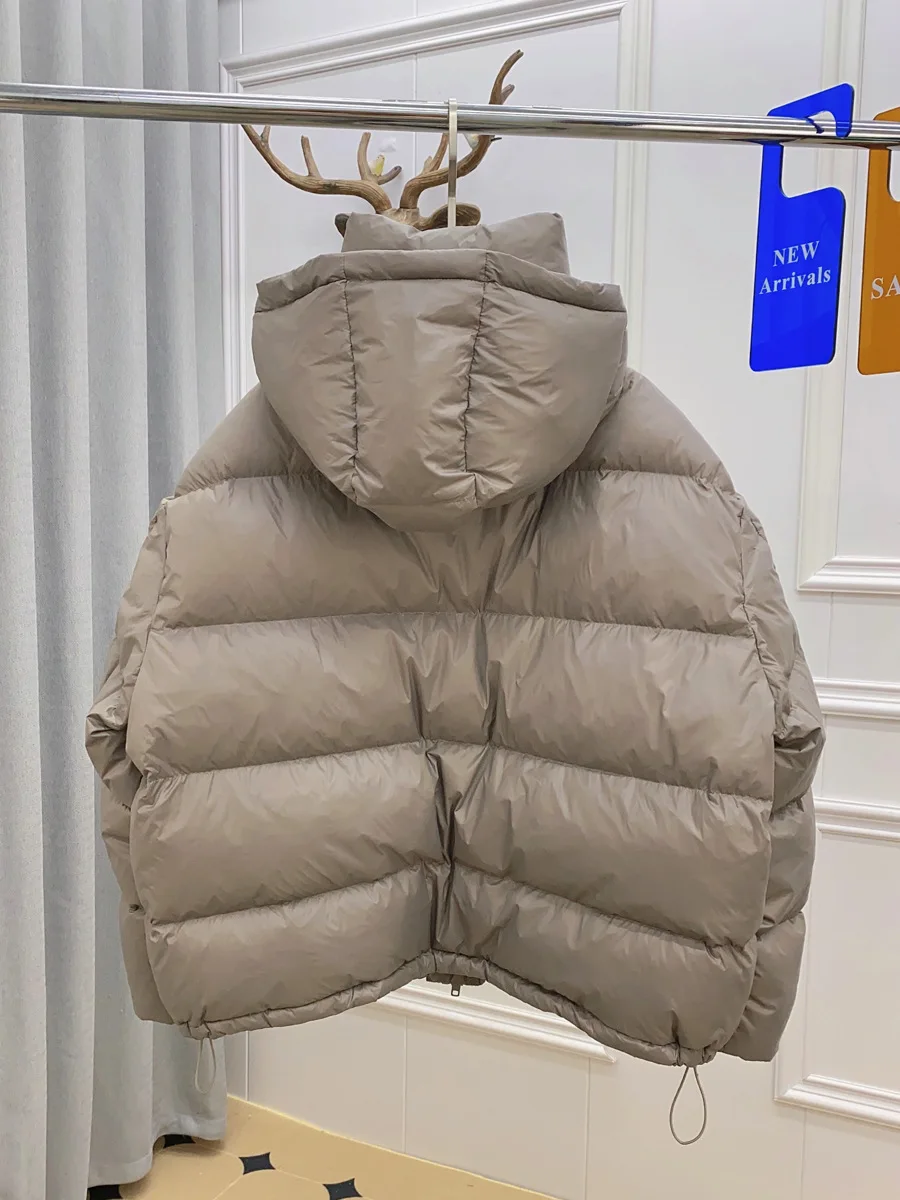 Schinteon Women White Duck Down Jacket with Removable Hood Warm Autumn Winter Outwear Simple Solid Color Casual Over Size Coat