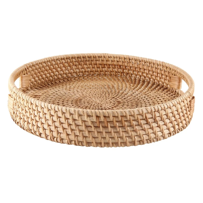 

Round Rattan Serving Tray Decorative Woven Ottoman Trays with Handles for Coffee Table Natural(Small)