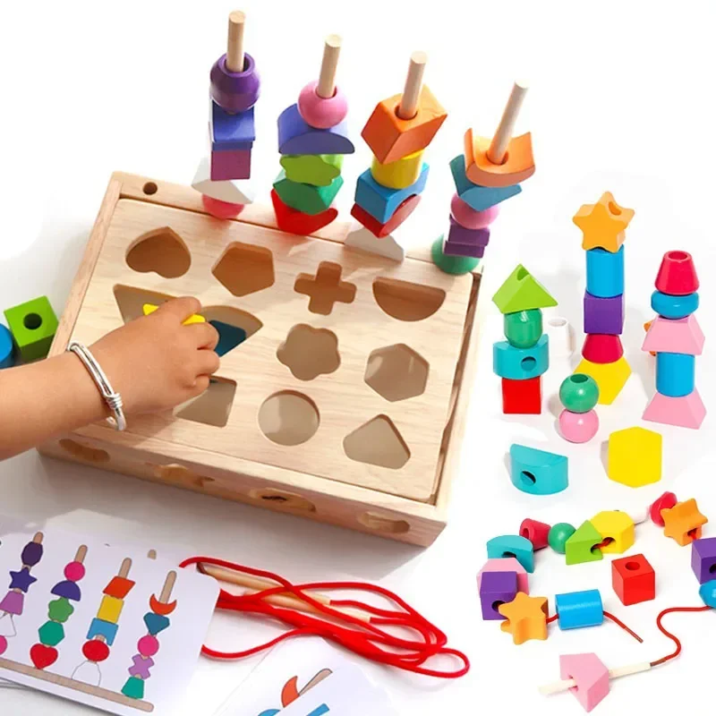 5 in1 Montessori Wooden Toys Color Shape Cognition Blocks Matching Sorting Game Beaded Early Educational Toys Children
