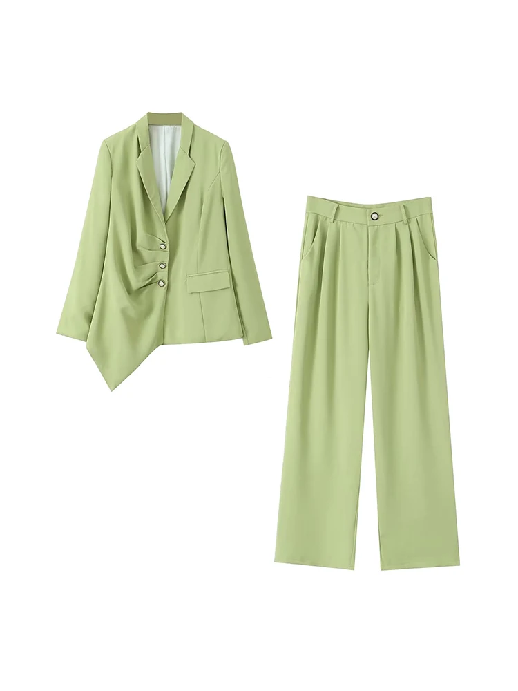 

Однотонные элегантные женские комплекты, необычный Однобортный блейзер с отложным воротником и длинные брюки с высокой талией, повседневный офисный женский костюм