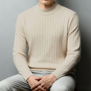 Men's Semi-High Neck Knit Sweater, 500g Wool-Like Texture, Anti-Pilling, Quiet Luxury Style Beige Gray Brown​