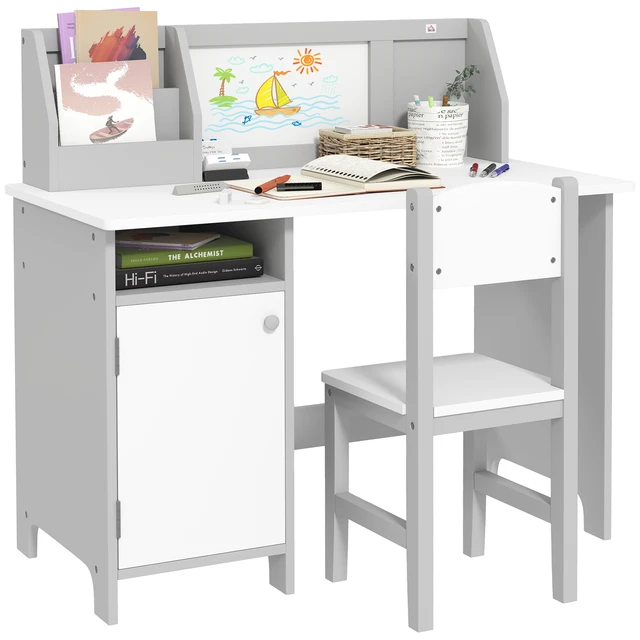 Homcom Bureau d'enfant en bois avec chaise et table avec organisateur et tableau blanc pour +5 ans 90X45X85 cm Gris 1
