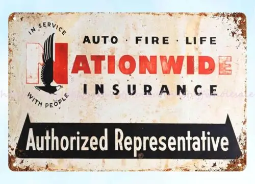 Страхование по всей стране, металлический жестяной знак, старинная стена с рестораном, пабом