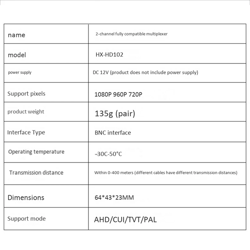 2X Two-Channel AHD/CVI/TVI1080P HD Video Multiplexer Coaxial HD Expander Adder For Camera