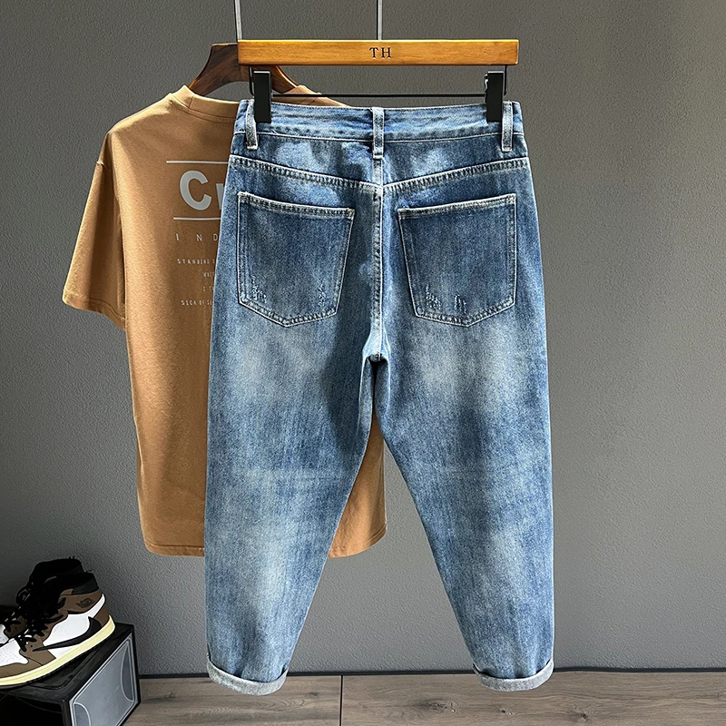 Ripped Jeans Men New Personality Fashion Vintage Blue Streetwear Baggy Denim Pants Casual Tapered Hole Frayed Trousers Male ripped jeans