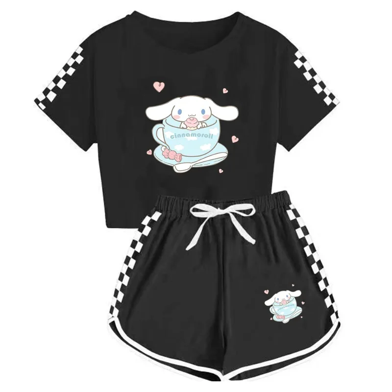 Sanrio Cartoon Shirts and Shorts Set Cinnamoroll Kuromi Soft Pajamas Short Sleeve Set Gym Suit Summer Sport Clothes Girls Gift