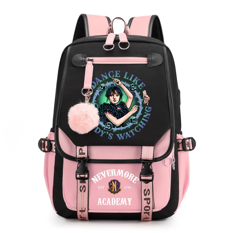 

Wednesday Addams Backpack Students Girls Nevermore Academy Graphic Print Bookbag Pink Cute Schoolbag Lady Bag Fahion School Bags