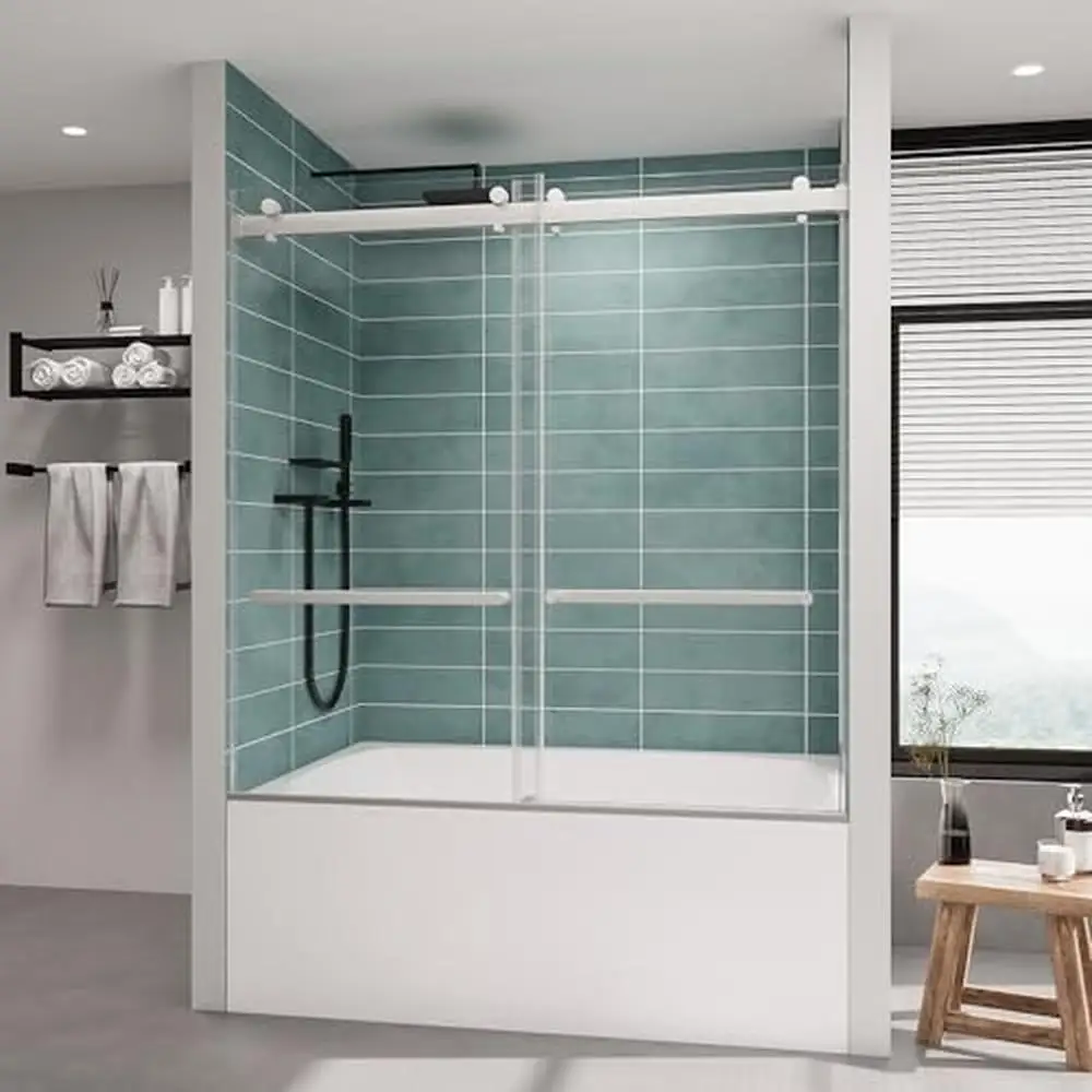 Frameless Double Sliding Tub Shower Door 56-60 x 60 Tempered Glass Stainless Steel Hardware Water Retaining Strips Easy to Clean 2